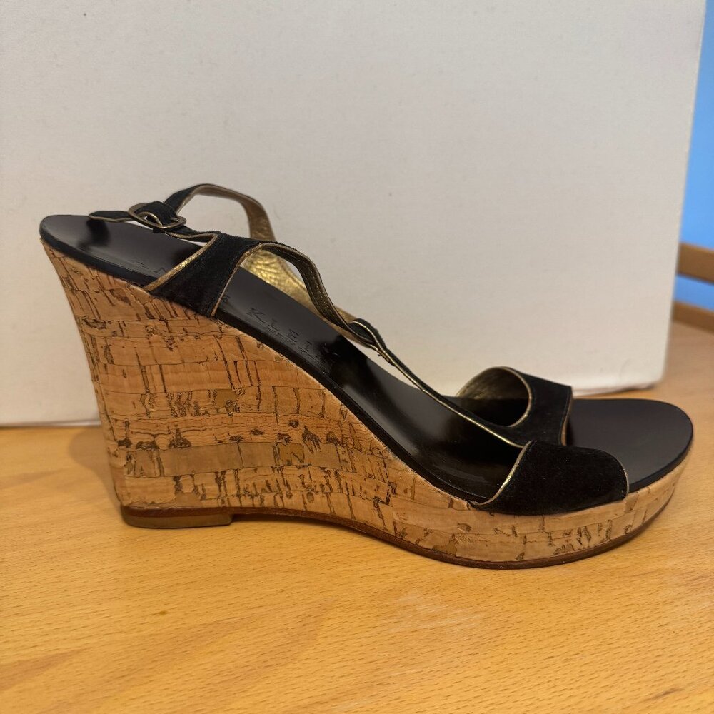 Vintage Anne Klein Black, Gold Leather, and Cork Wedge Heels - 8.5